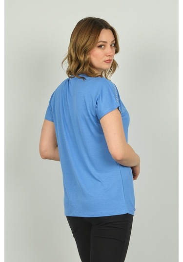 Ella Camelia Kadın Fermuarlı Kısa Kol Bluz 20e038 Mavi