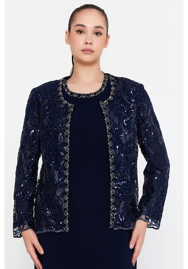 Güzelyalı Kadın Büyük Beden Taş İşlemeli Uzun Abiye Takım 1047 Lacivert Lacivert