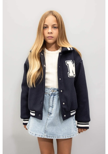 DeFacto Kız Çocuk Yazı Baskılı Çıtçıtlı Ribana Kollu Kolej Mont C5406A824AUNV256 Lacivert