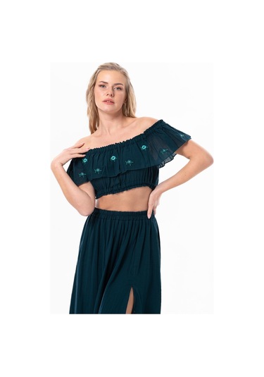 Lavinya Vual Lastik Detaylı Nakışlı Yazlık Crop Bluz Petrol Ptrl-petrol Petrol
