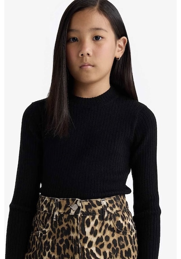 Defacto Fitted Bisiklet Yaka Ribana Siyah Kız Çocuk Kazak E9849a8/bk81 Siyah