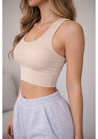Enva Store Kadın Ribana Askılı Fitilli Crop Bej