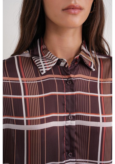 4751 Kadın Ekose İnce Saten Gömlek Kahve Kahve