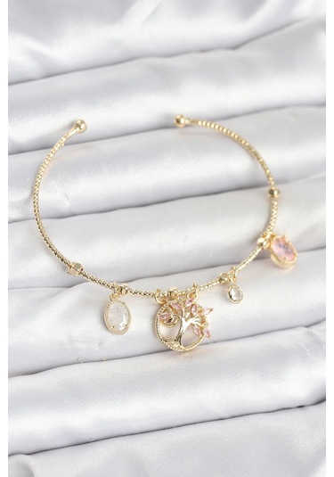 Hayat Ağacı Charmlı Gold Renk Pirinç Kadın Bileklik Çok Renkli