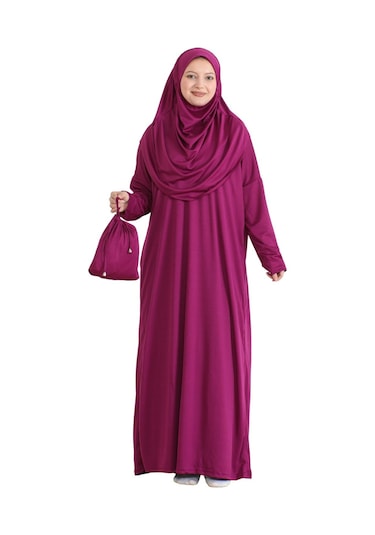 Keseli Namaz Elbisesi Eşarp Ve Tesbih Hazır Tesettür Giyim Türban Müslüman Giysi Takım Fuşya