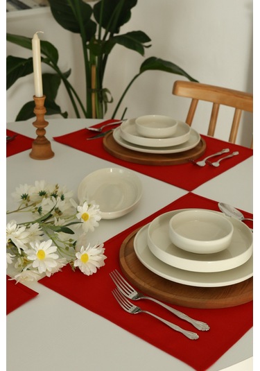 Yakacihome 4'lü Pera Kırmızı Biye Detaylı Duck Keten Yıkanabilir, Leke Tutmaz Supla Amerikan Servis Seti Kırmızı