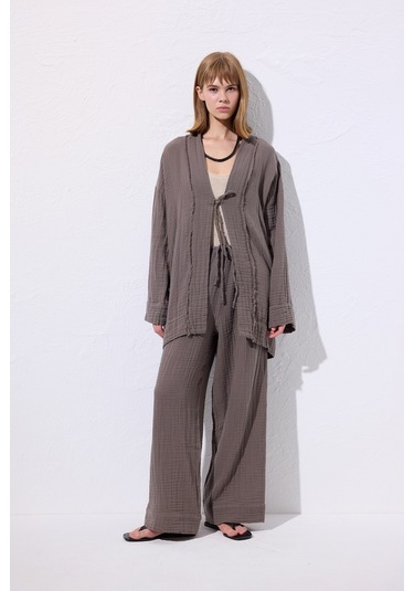 Müslin Geniş Kollu Kimono Gri Gri