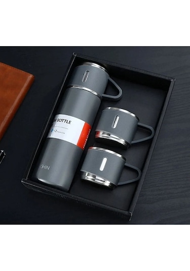 Paslanmaz Çelik 3 Bardaklı Vakumlu Vacuum Termos Set 500 Ml, 12 Saate Kadar Isı Koruma Termos Gri