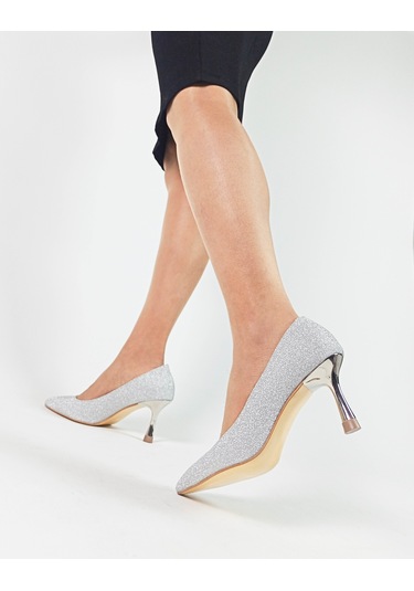 Gümüş Renk Simli İnce Topuk Kadın Stiletto Gümüş