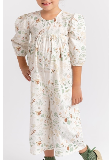 Oliventhekid Desenli Poplin Kız Çocuk Tulum Ekru Ekru