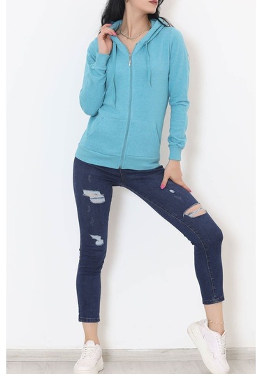 Buyers Butik - Kapşonlu Fermuarlı Sweat Petrol - 11866.108. 001