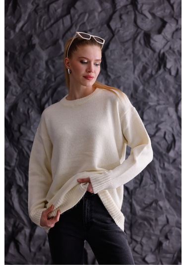 Bisiklet Yaka Oversize Basic Triko Kazak Bej