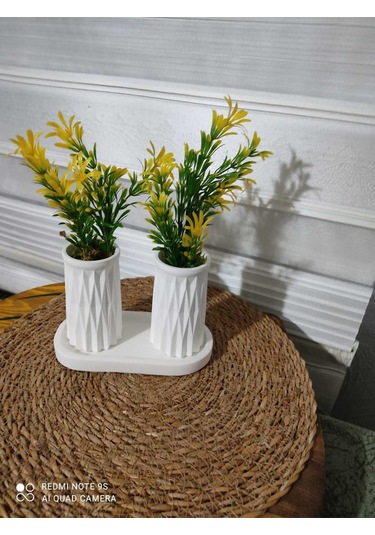 Mini Desenli İkili Beton Saksı Ve Oval Tabak - Yapay Çiçek Hediyeli - Sarı