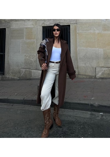 Kruvaze Kesim Kışlık Trençkot Palto Kahve