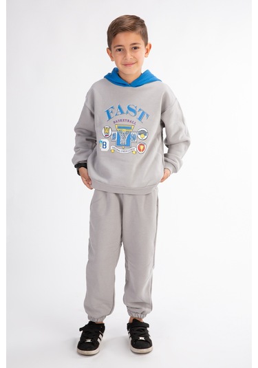 Erkek Çocuk Baskılı Kapşonlu Eşofman Takımı Gri
