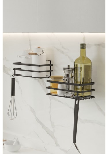 Suntel Mutfak Rafı 2'li Set Yapışkanlı Metal Baharatlık Rafı Organizer Düzenleyici Siyah