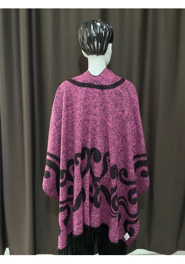 Kadın Çift Taraflı Desenli Kışlık Panço Pembe Siyah Etnik Motifli Omuz Şalı Pembe - Siyah