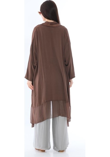 Italyan Ipek Detaylı Oversize Kaftan & Bluz-8711 Kahverengi