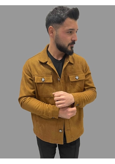 Erkek Cep Detaylı Kışlık Taba Kaşe Gömlek Taba