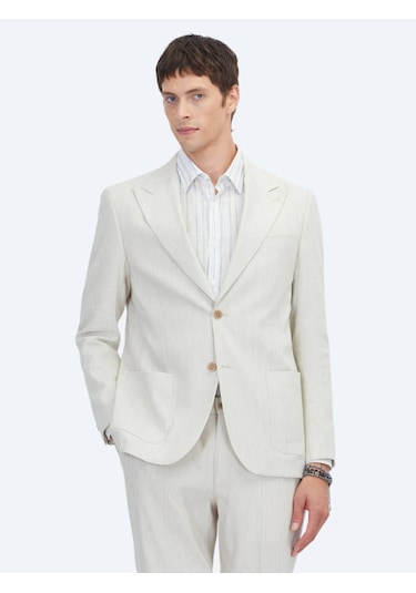 Kip Bej Desenli Modern Fit Keten Karışımlı Takım Elbise