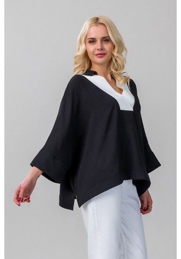 Kadın Gömlek Yakalı Yaka İndigo Mavi Kol Ucu Manşetli İnce Kot Kumaş Bluz Siyah