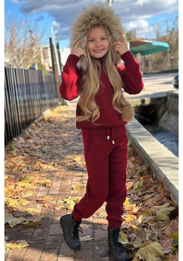 Riccotarz Kız Çocuk Yakası Çıkarılabilir Kürklü Kazak Çift Cepli Triko Bordo Alt Üst Takım Bordo