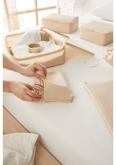 Ocean Home Textile 6'lı Bej Balıksırtı Bavul İçi Düzenleyici Set