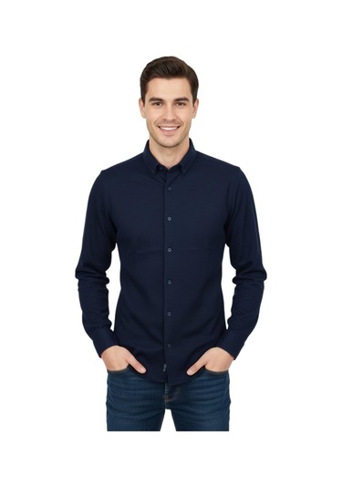 Rasstmen Erkek Spor Slim Fit Uzun Kol Petek Dokulu Gömlek Bgl-st04823 Lacivert