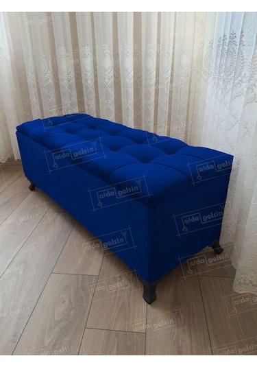 Çizgi Kapitoneli Sandıklı Puf 100 Cm Siyah Ayak Lacivert