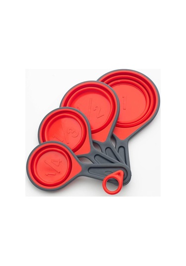 Kırmızı Silikon Ölçüm Kabı Ve Kaşık Seti Katlanabilir Pişirme Ölçüm Aracı Kaşık Pişirme İçin Mutfak El Sanatları Yapımı Kahve Unu Bal 4pcs