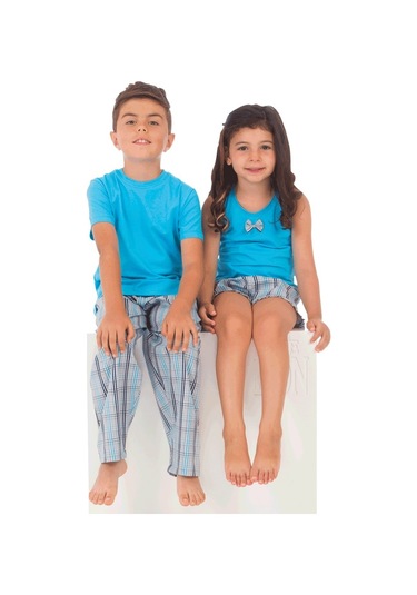 The Don Aile Turkuaz Gri-Lacivert Ekose Erkek Çocuk Pijama Takımı