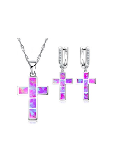 Pembe Moda İsa Haç Aksesuarları Kadınlar Için Set İmitasyon Mavi Ateş Opal Çapraz Kolye Kolye Küpe Kadın Düğün Takısı Pembe