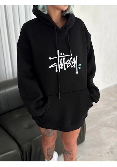 Üç İplik Kapşonlu Baskılı Sweatshirt - Siyah Siyah