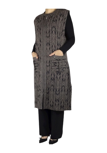 Önü Fermuarlı Desenli Cepli Kalın Kışlık Yelek Kahverengi