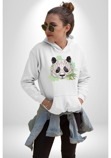 Panda Mandala Kadın Erkek Beyaz Kapüşonlu Sweatshirt Hoodie Beyaz