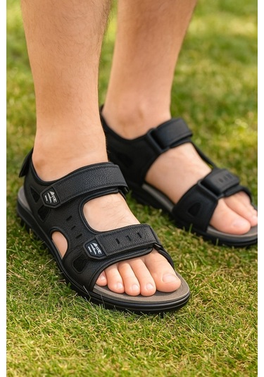 Günlük Erkek Sandalet Kalın Ortopedik Dikişli Taban Cırtlı Havuz Deniz Ayakkabısı 5201 Siyah