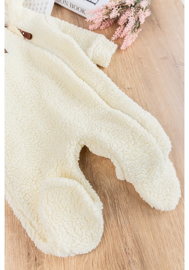 Kapüşonlu Welsoft Peluş Kışlık Kız/erkek Bebek Tulum Krem