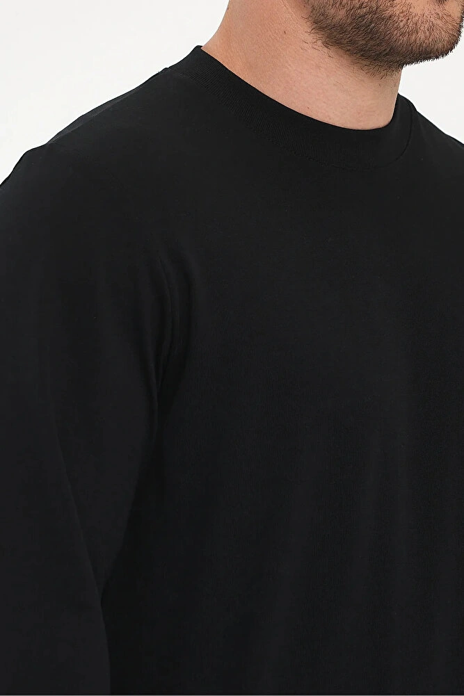 Erkek Bisiklet Yaka Baskısız Rahat Kalıp Mevsimlik Sweatshirt Siyah