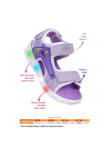 Kiko Kids Unicorn Günlük Işıklı Cırtlı Kız Çocuk Sandalet Ayakkabı Lila LILA