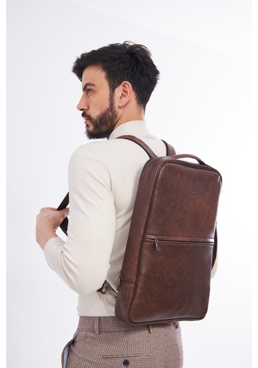 Derinss Dub3050 Hakiki Deri Kahverengi Organizerli Laptop Sırt Çantası 001