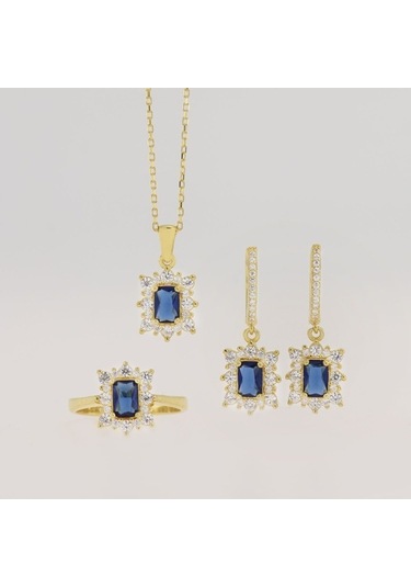 925 Ayar Gümüş Baget Safir Taşlı Gold Anturaj Gümüş Set