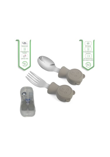 Jojobebek Kaşık Çatal Seti, Ergonomik Kısa Saplı Silikon, Paslanmaz Çelik Uçlu, Saklama Kutulu, 9-24 Ay / Gri