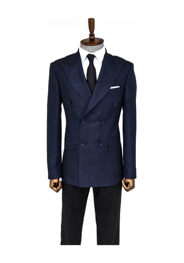 Wessi Kazayağı Desenli Lacivert Erkek Kruvaze Ceket - Wessi Lacivert