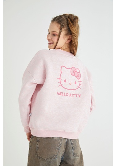 Hello Kitty Lisanslı Baskılı Kalın Pembe Sweatshirt Renkli