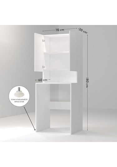 Mobilya Çamaşır Makinesi Dolabı 3 Raflı Kapaklı Banyo Dolabı Beya Beyaz