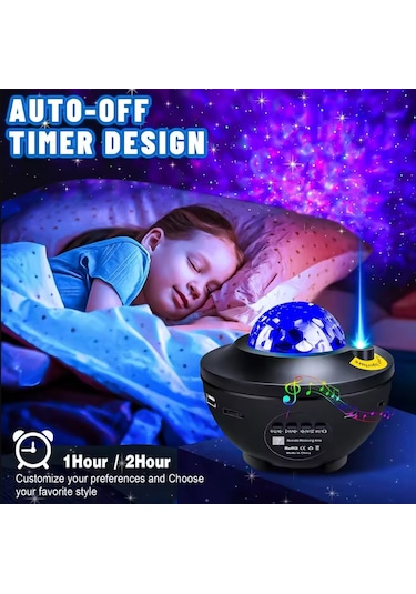 Bluetoothlu Hoparlörlü Müzikli Projektörlü Led Işık Yansıtmalı Çocuk Bebek Odası Gece Lambası Siyah