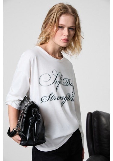 Grımelange Dazulu Kadın Yumuşak Kumaşlı Baskılı Uzun Kollu Beyaz T-shirt Beyaz