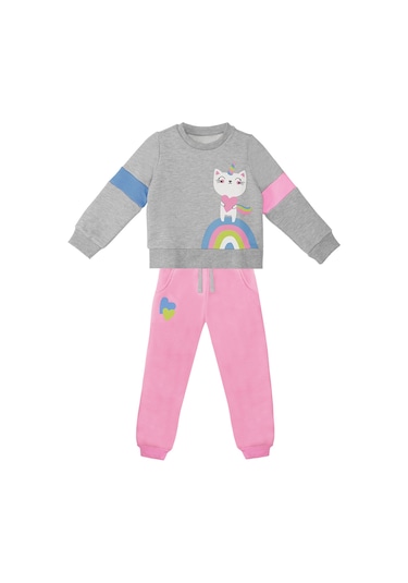 Denokids Rainbow Cat Kız Çocuk Alt-Üst Eşofman Takımı - Gri - Pembe