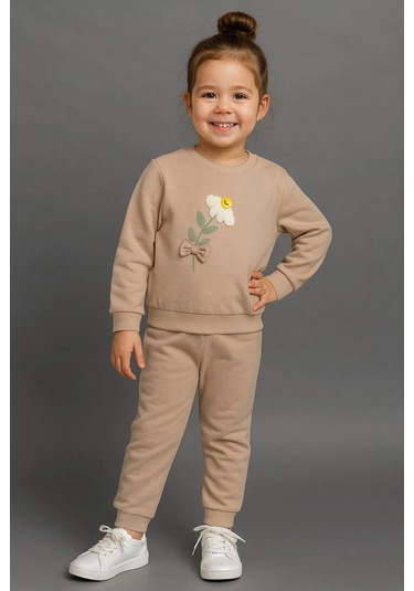 Papatya Nakışlı %100 Pamuk 2 Li Çocuk Eşofman Takımı Bej