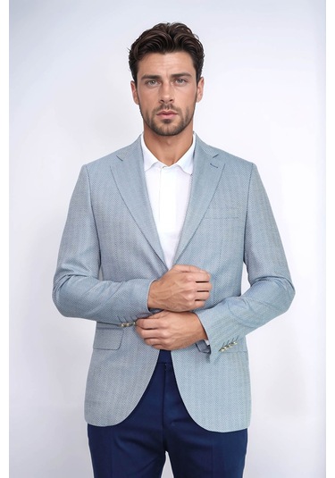 Açık Mavi Balıksırtı Desenli Gold Renk Metal Düğmeli Slim Fit Erkek Blazer Ceket - Wessi Navy Blue